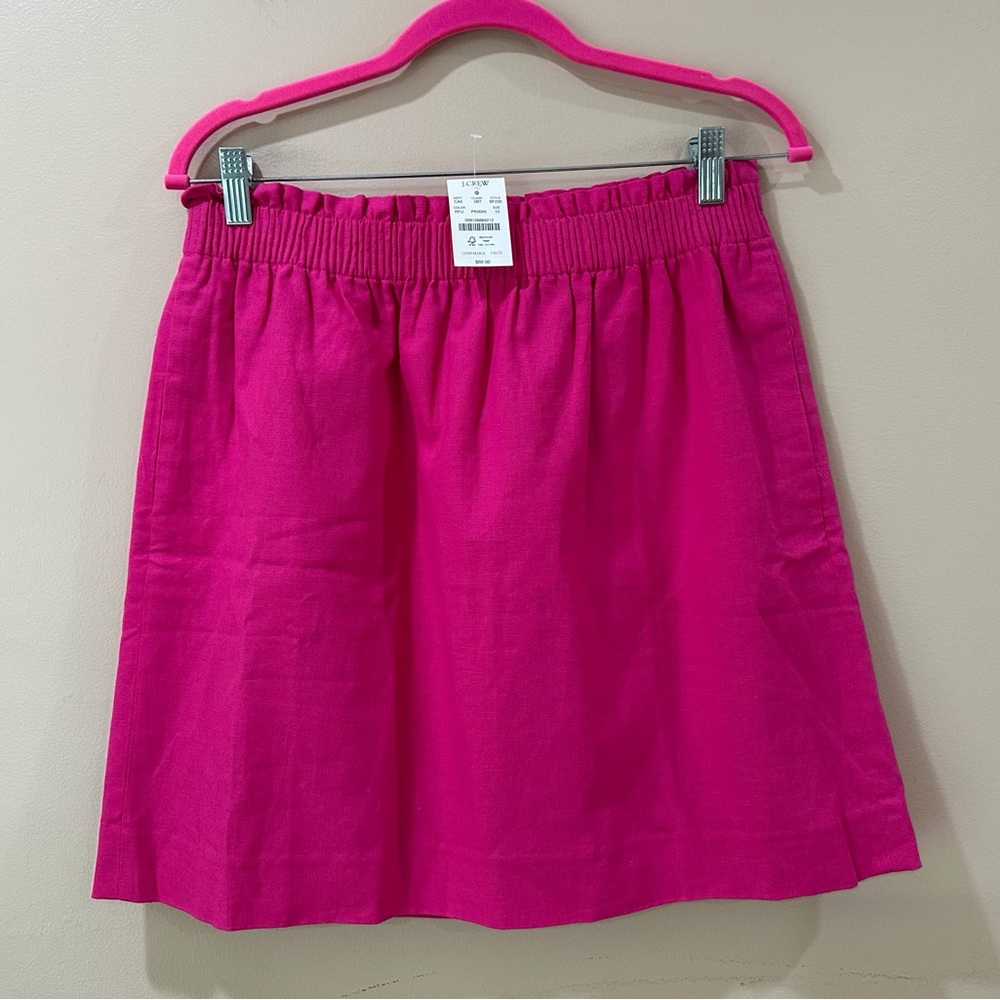 NWT J. Crew Hot Pink Linen Skirt Pull On Elastic Waist Barbiecore Womens 10